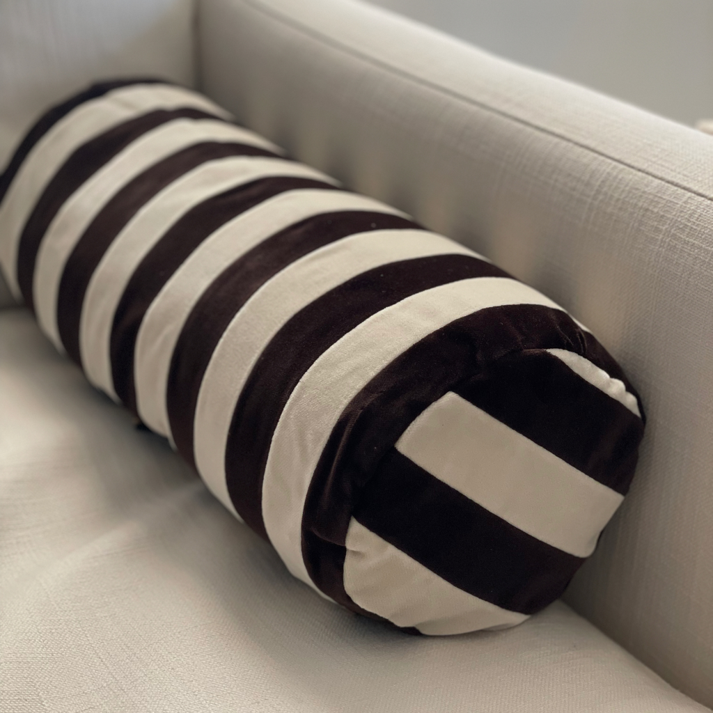 Christina Lundsteen Velvet Stripe Bolster Cushion Chocolate / Dusty White